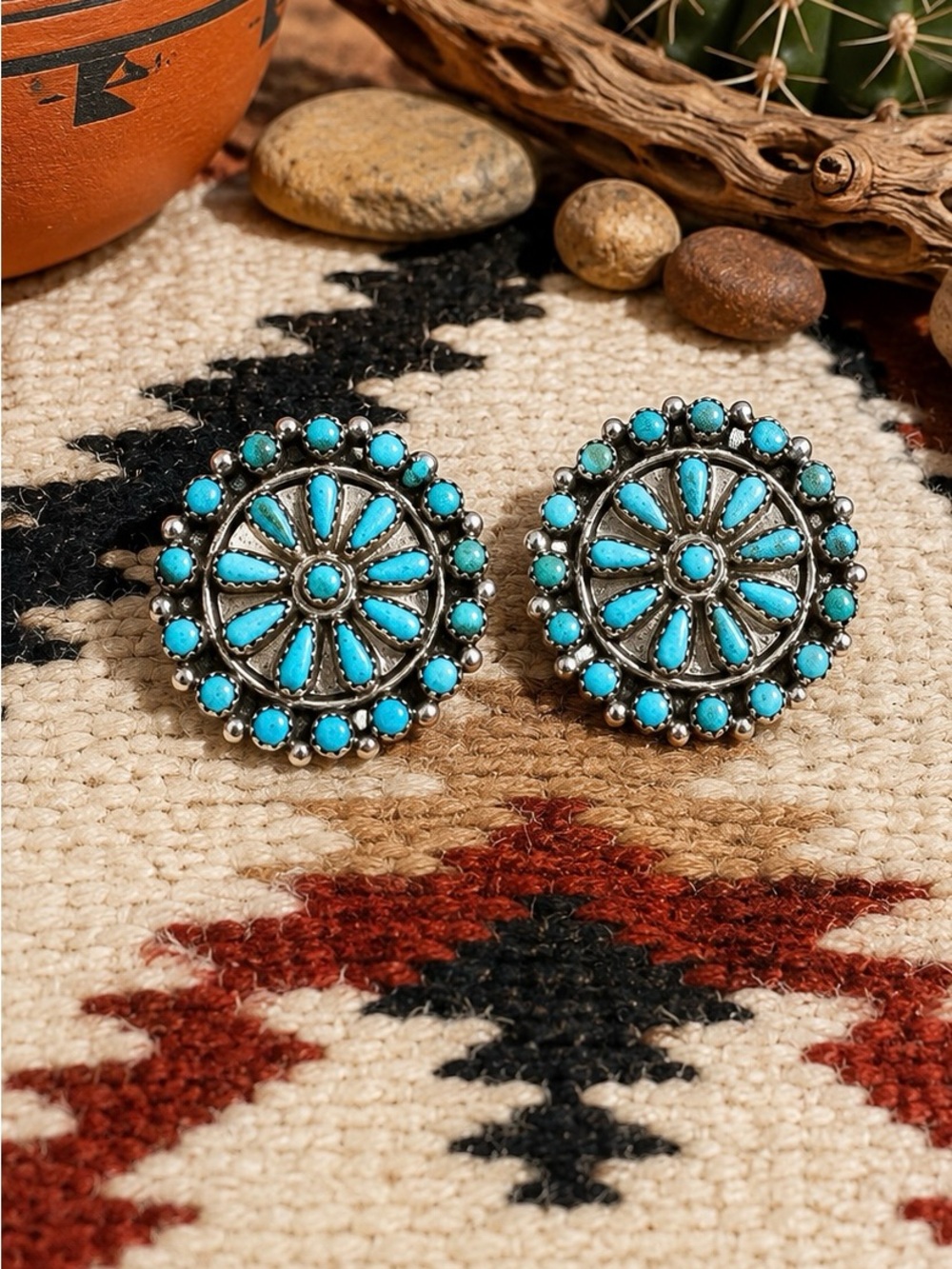 Vintage Zuni Native American Sterling Silver Turquoise Snake Eye Stud Earrings